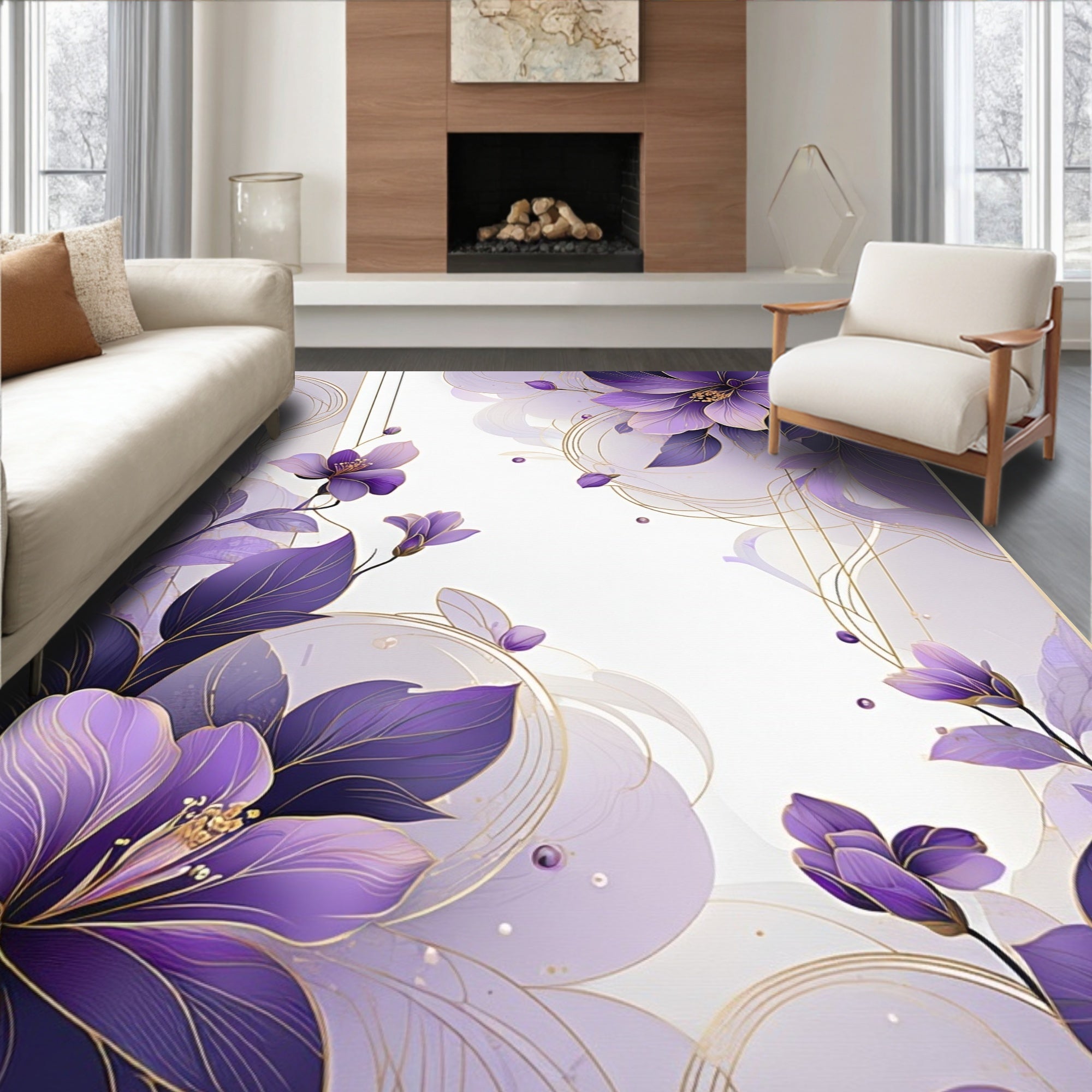 Elegant Purple Floral Art Deco Rug