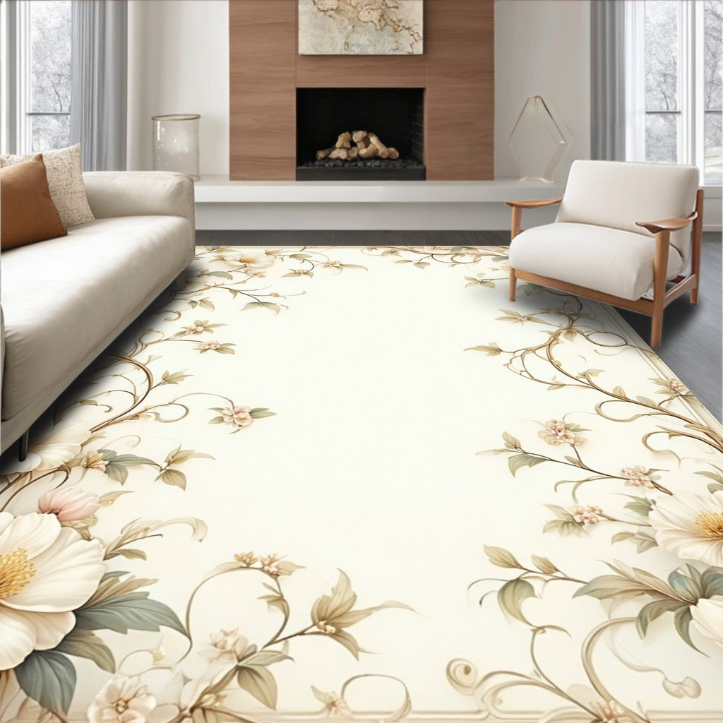 Elegant Cream Floral Vine Scroll Design Rug