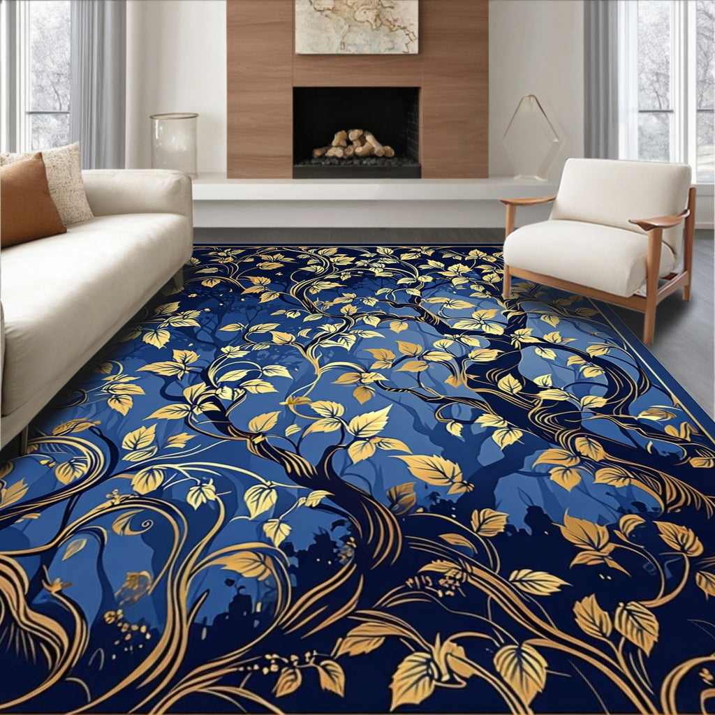 Enchanted Blue Gold Forest Vines Design Rug