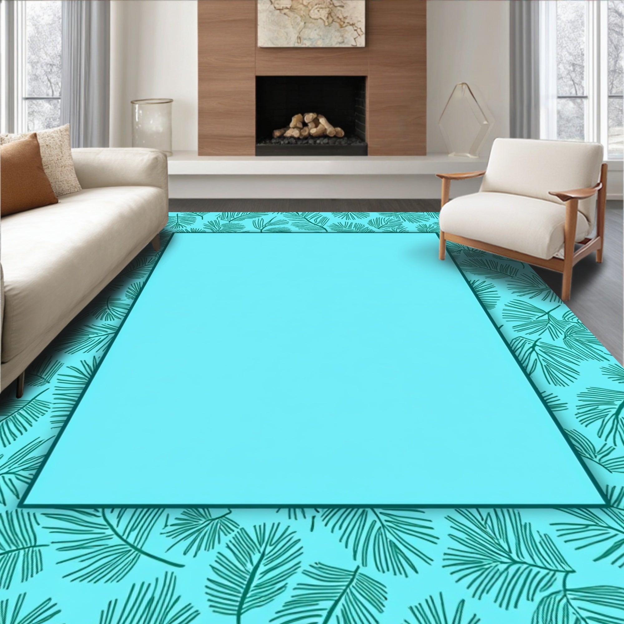 Teal Leaf Pattern Print Rug