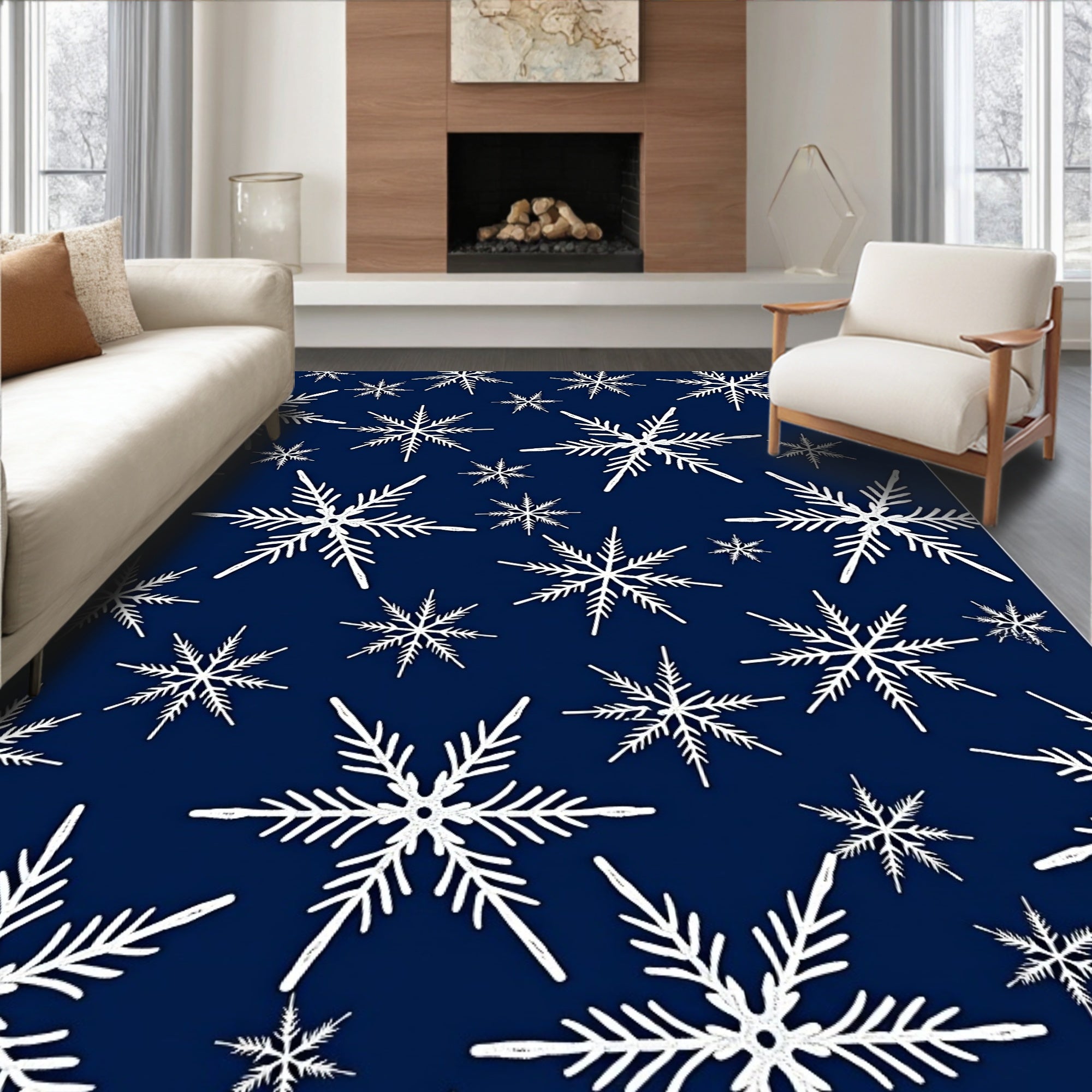 White Snowflakes On Deep Blue Rug