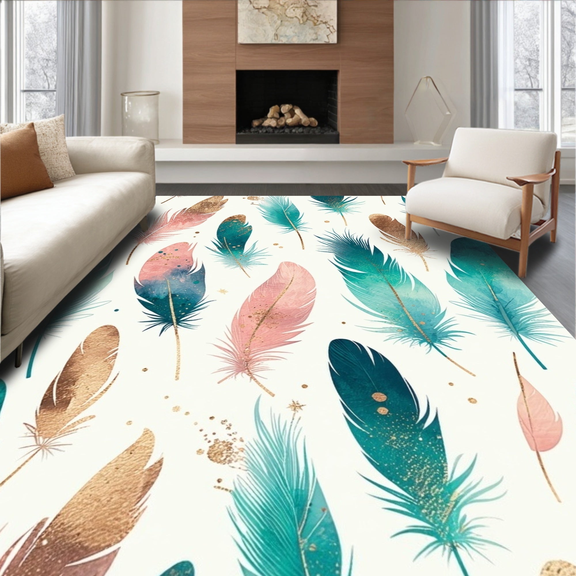 Feather Pattern With Gold Accents Rug