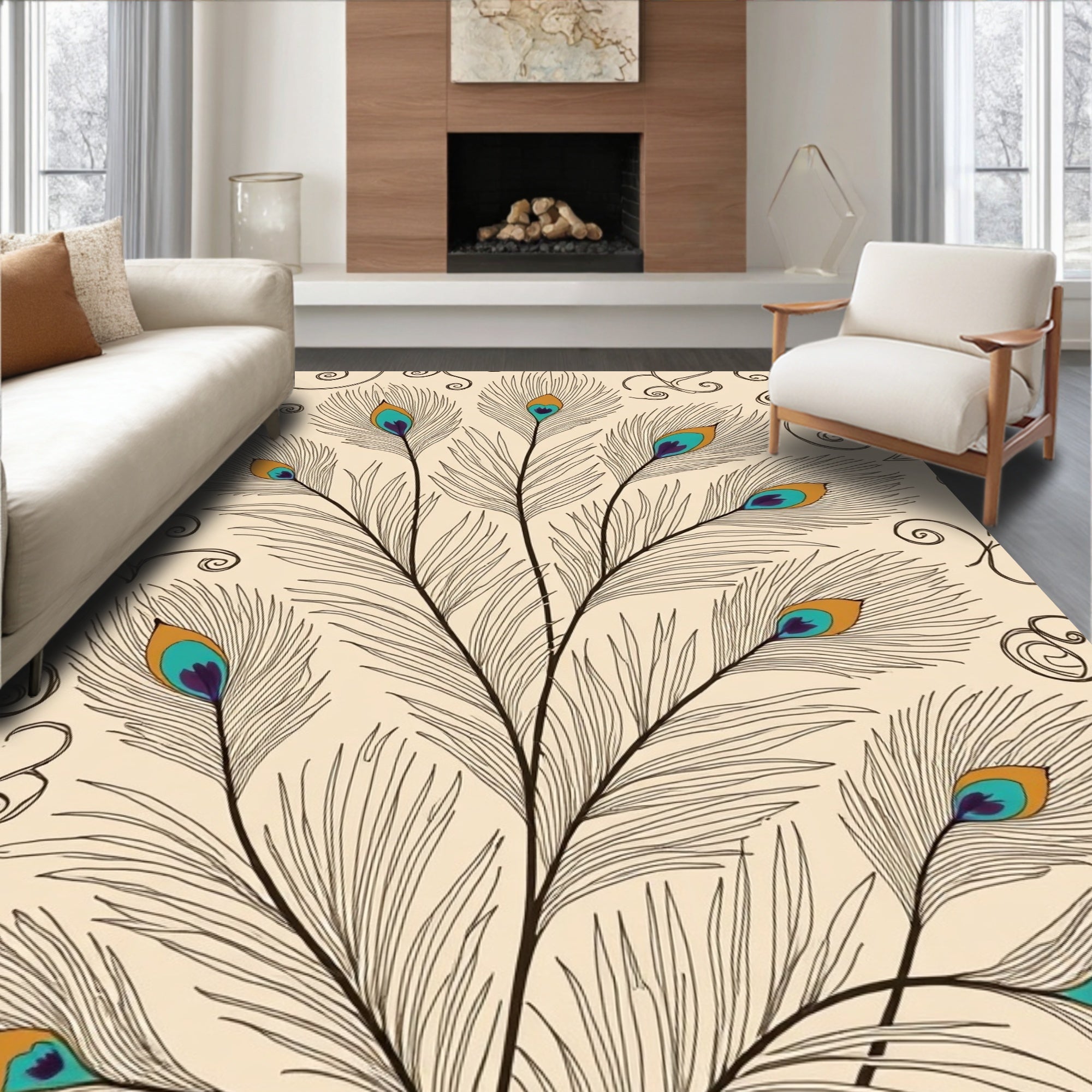 Elegant Feathers With Swirls Design Rug