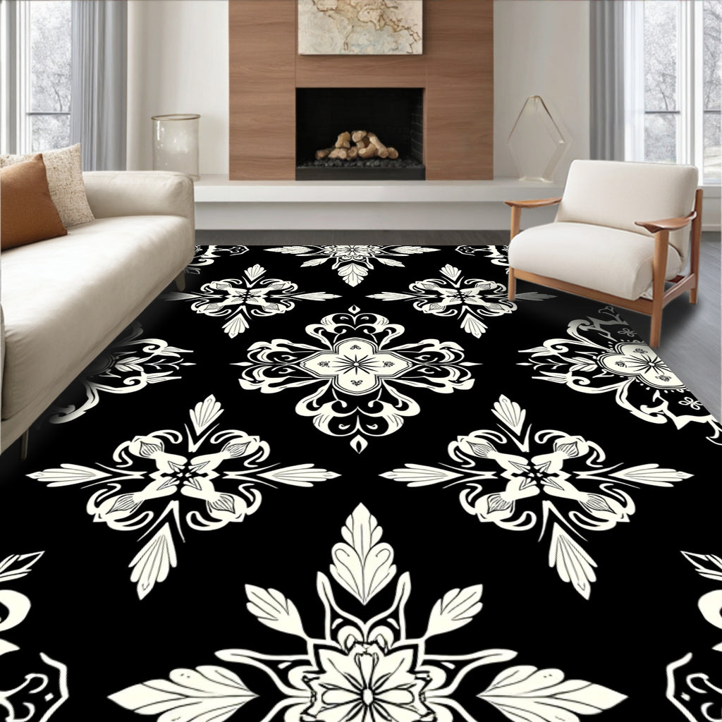 Black White Symmetric Floral Pattern Rug