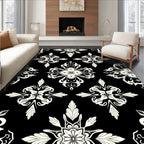 Black White Symmetric Floral Pattern Rug