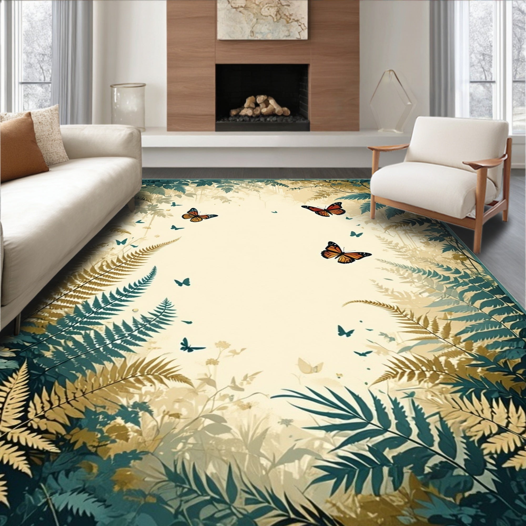 Nature Butterfly Fern Forest Pattern Rug