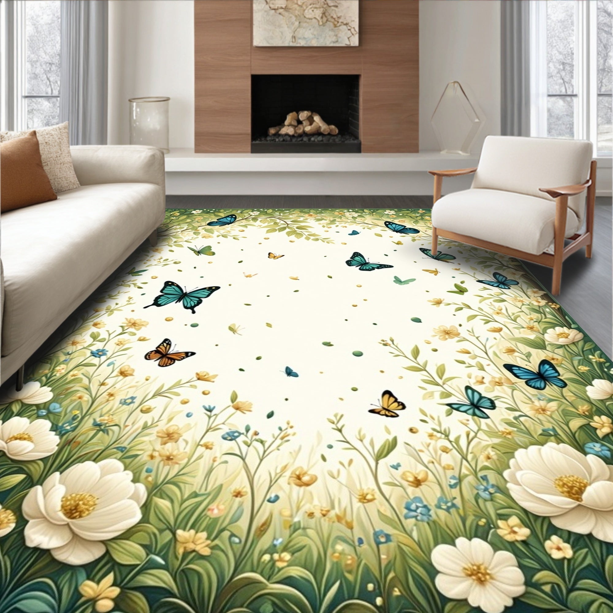 Whimsical Butterflies Floral Meadow Design Rug