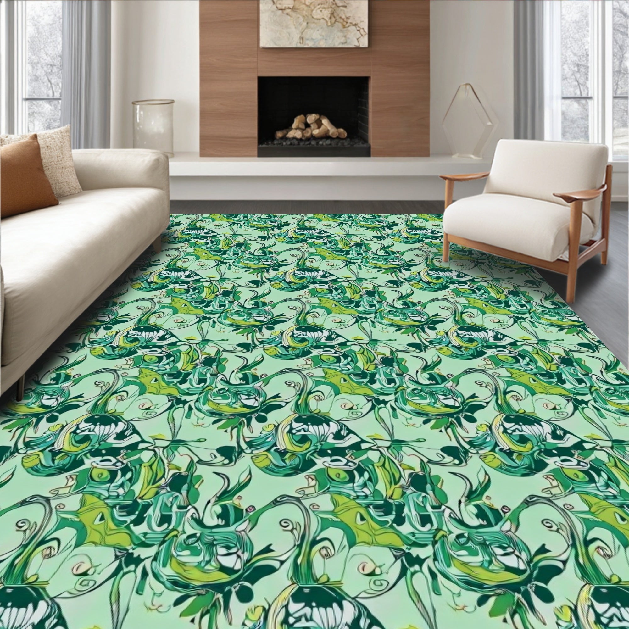 Abstract Green Swirl Floral Pattern Rug