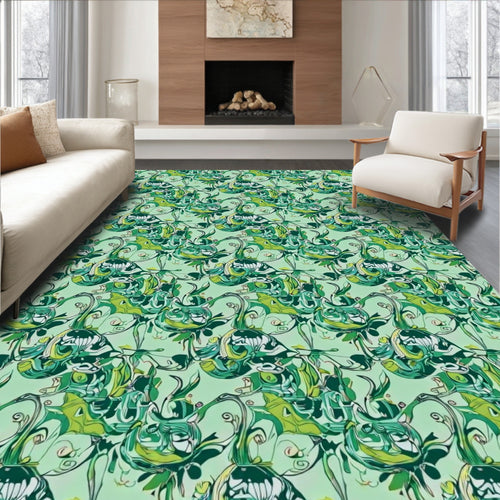 Abstract Green Swirl Floral Pattern Rug
