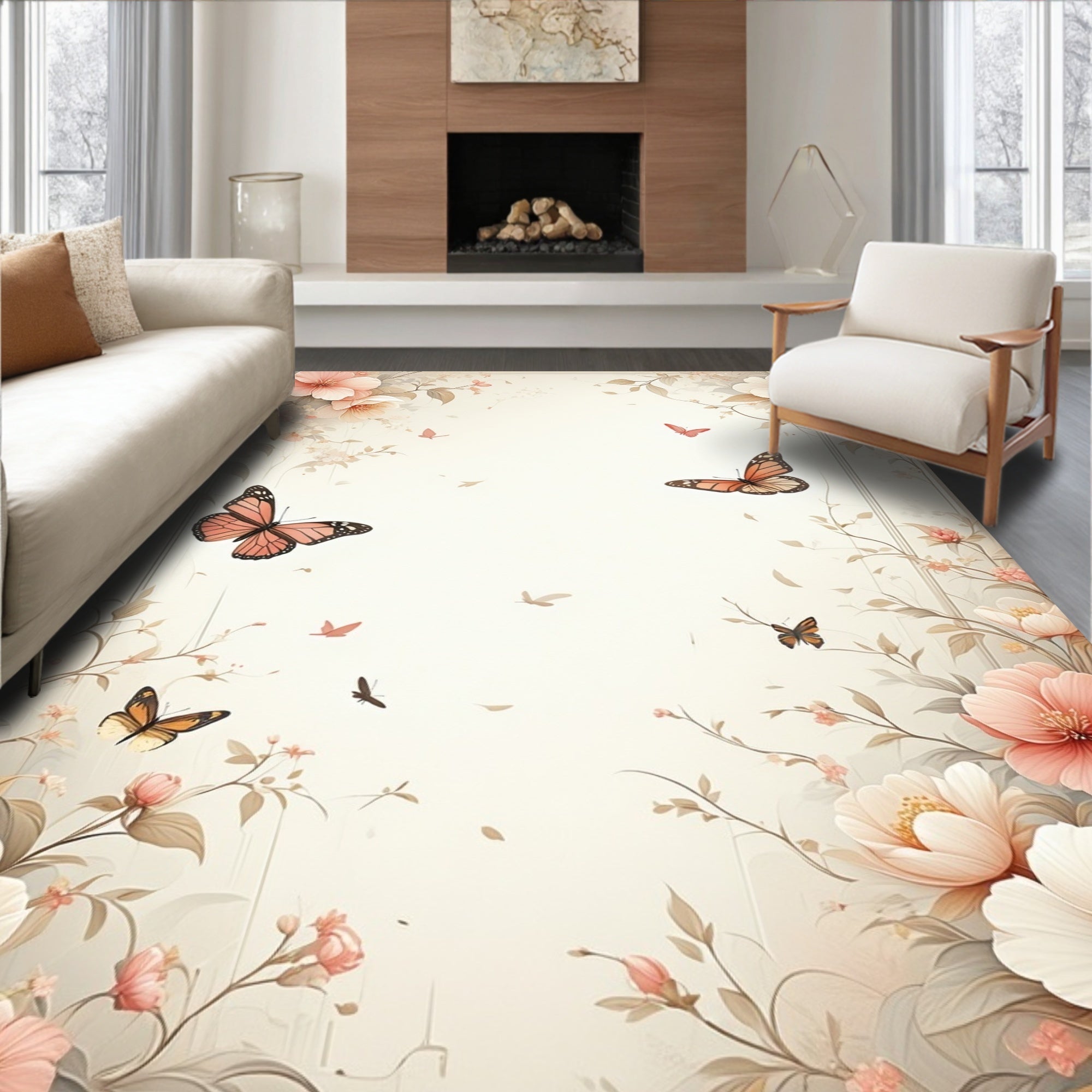 Floral Butterflies Delicate Pattern Rug