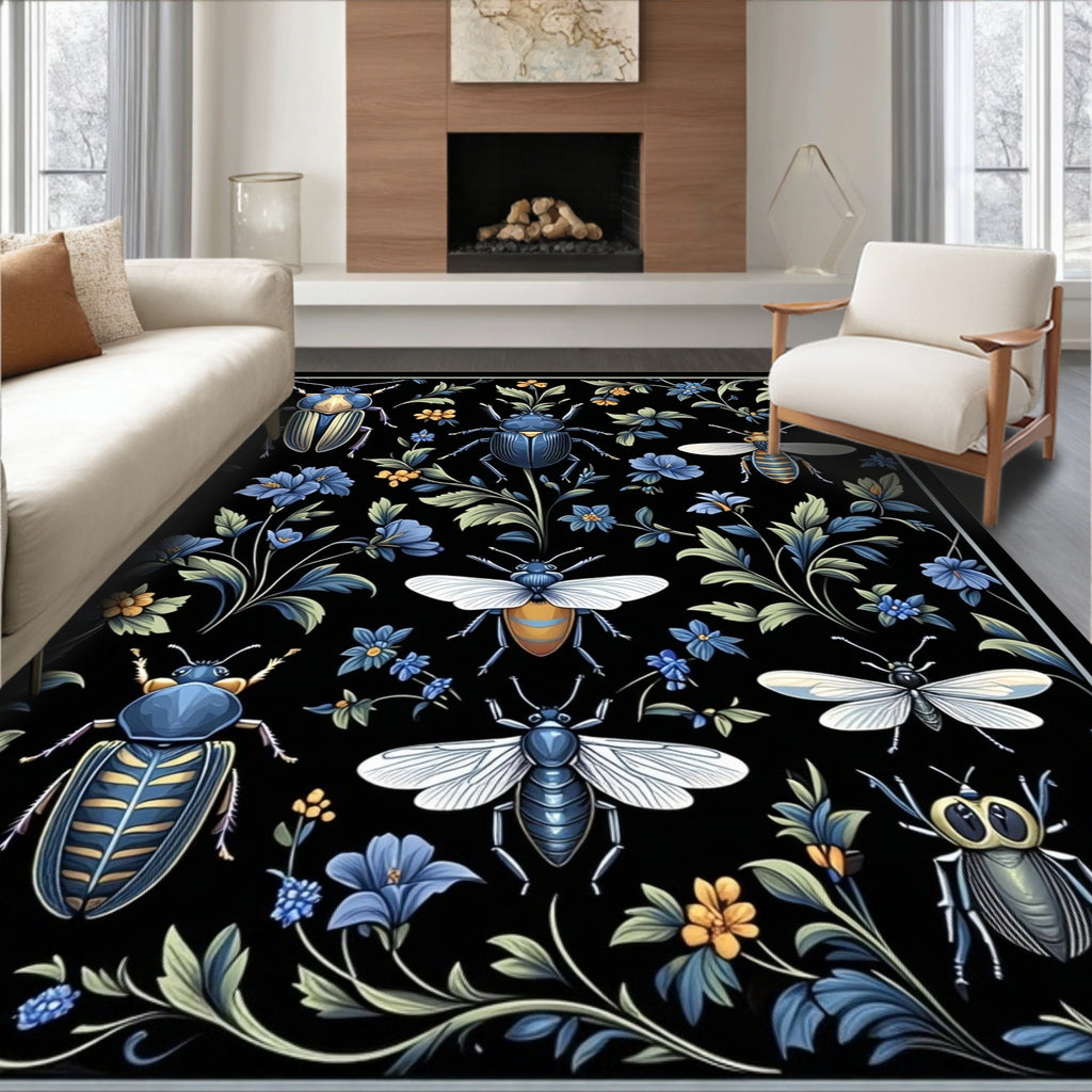 Dark Floral Insect Bug Pattern Rug