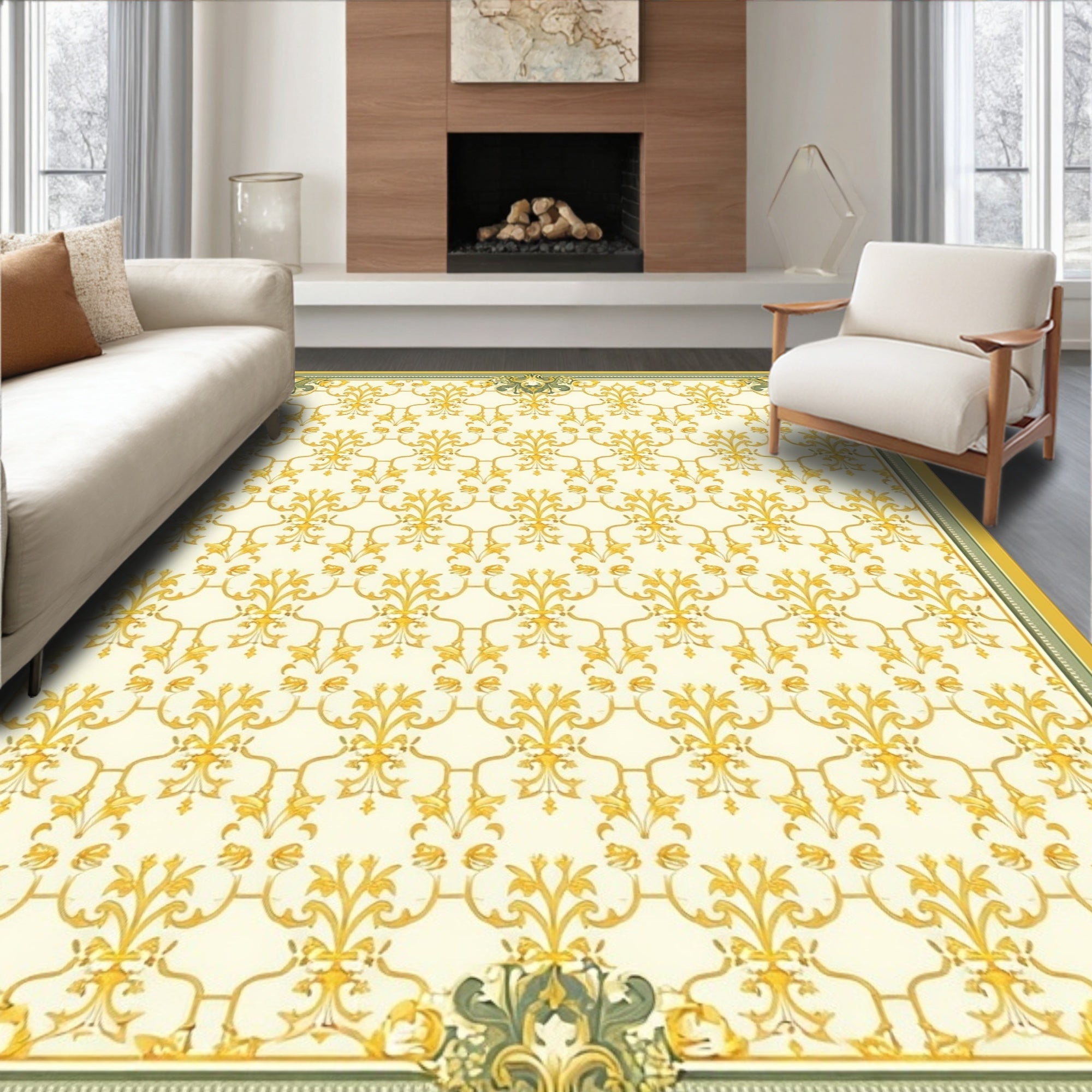 Golden Floral Damask Pattern Rug