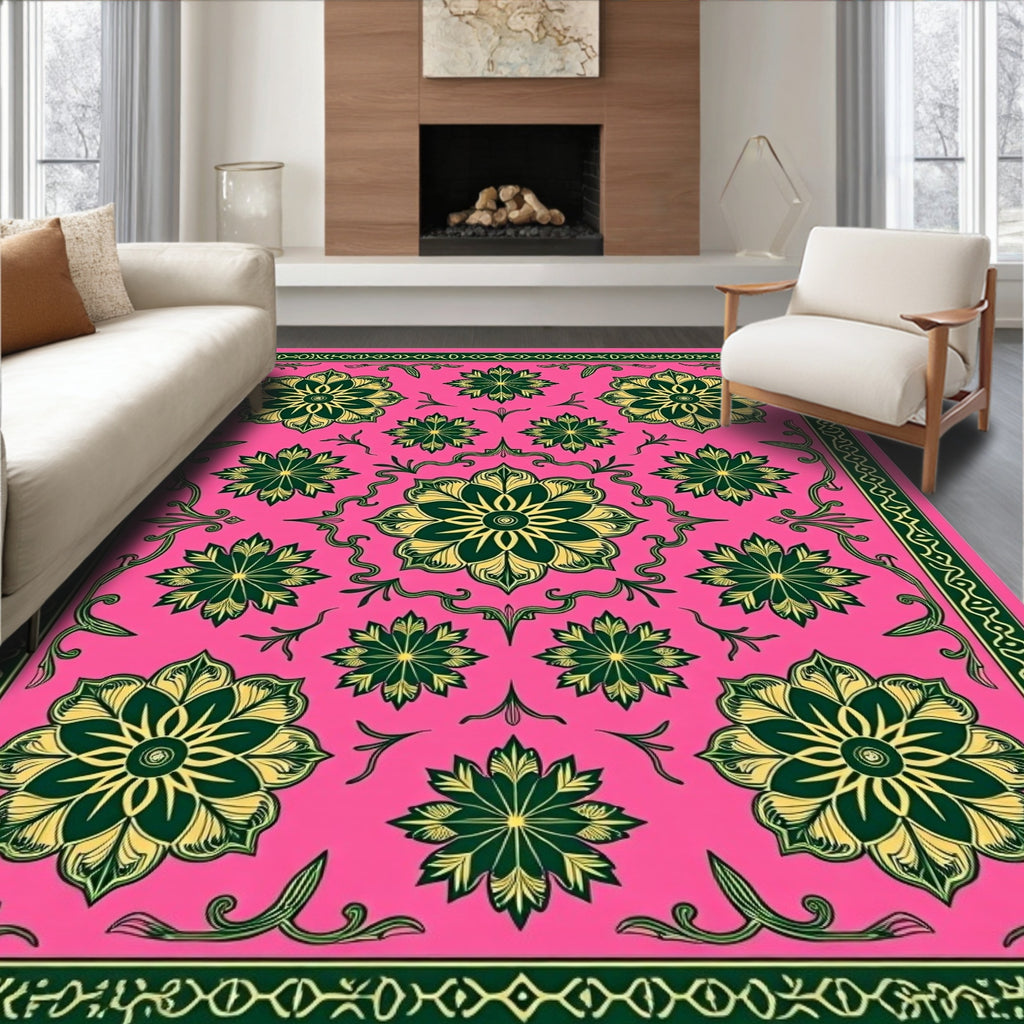Fuchsia Green Golden Floral Medallion Harmony Rug