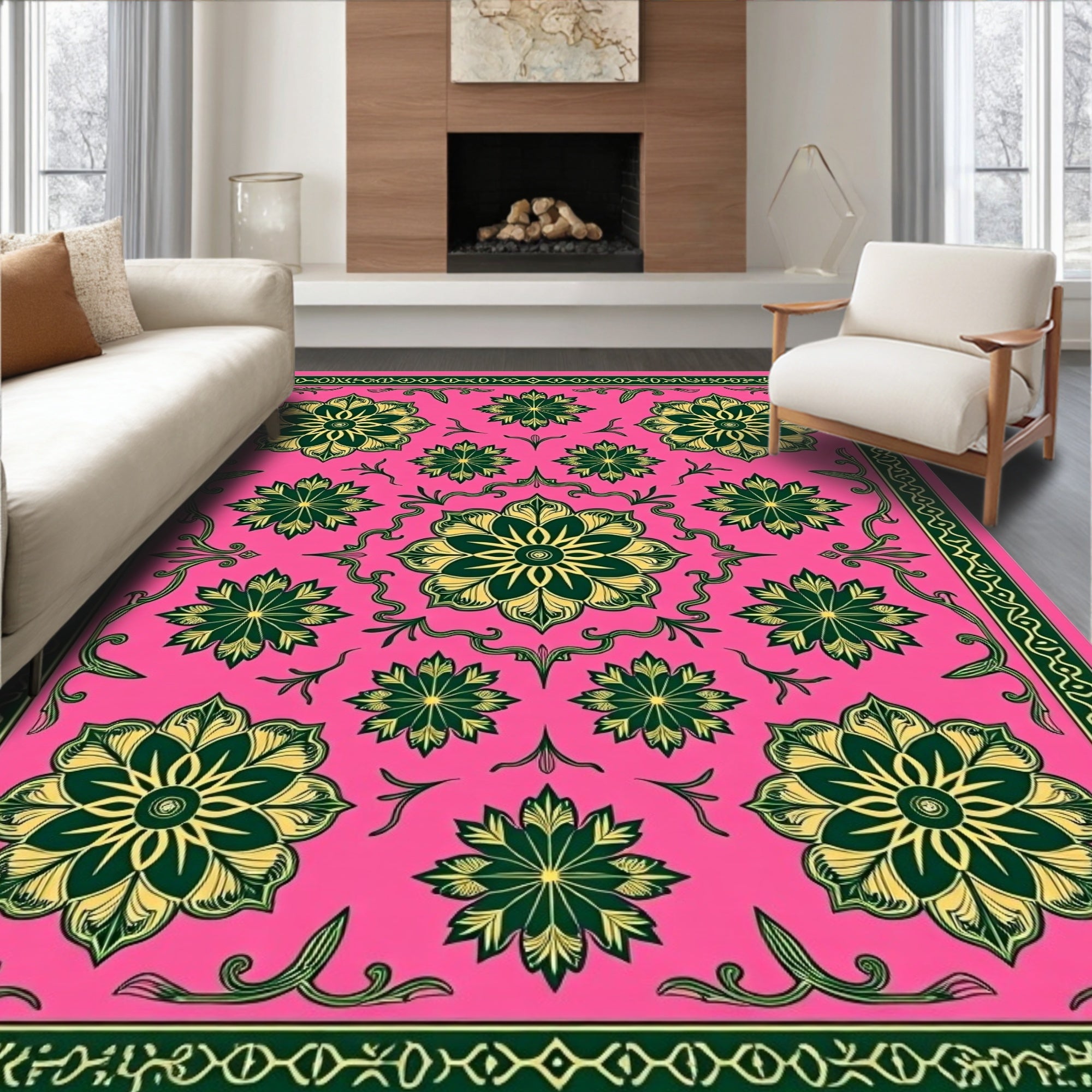 Fuchsia Green Golden Floral Medallion Harmony Rug