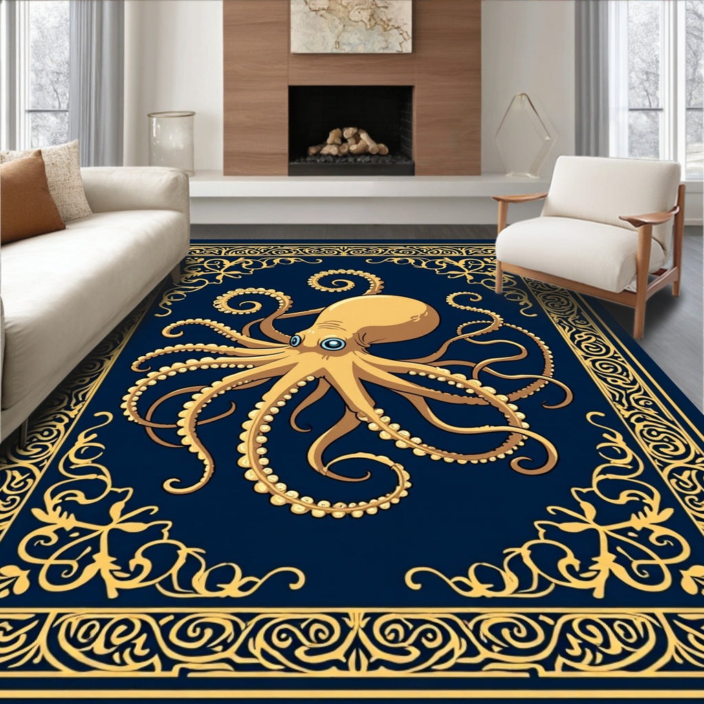 Golden Octopus Nautical Frame Rug