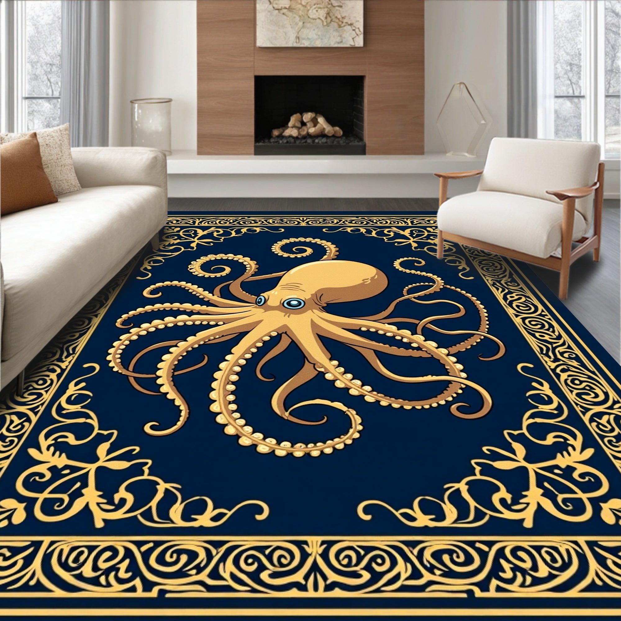 Golden Octopus Nautical Frame Rug
