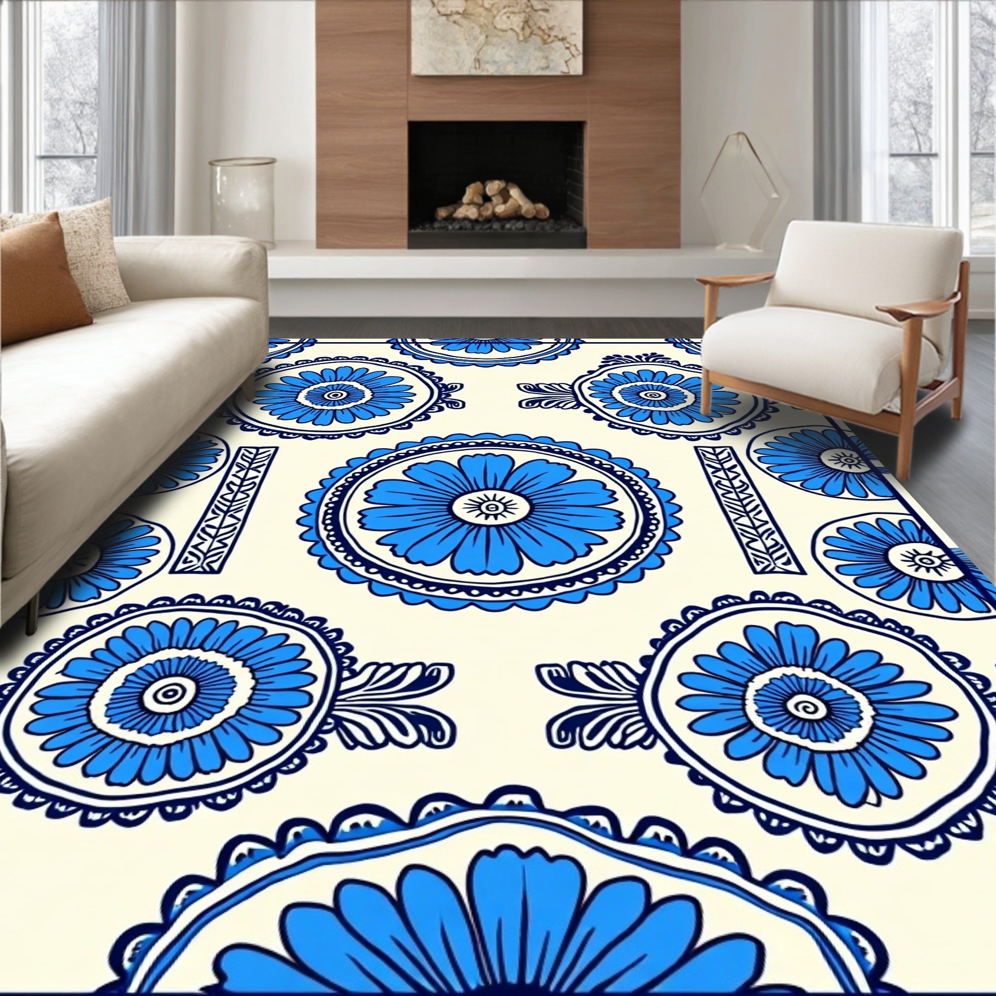 Blue Floral Medallion Pattern Rug