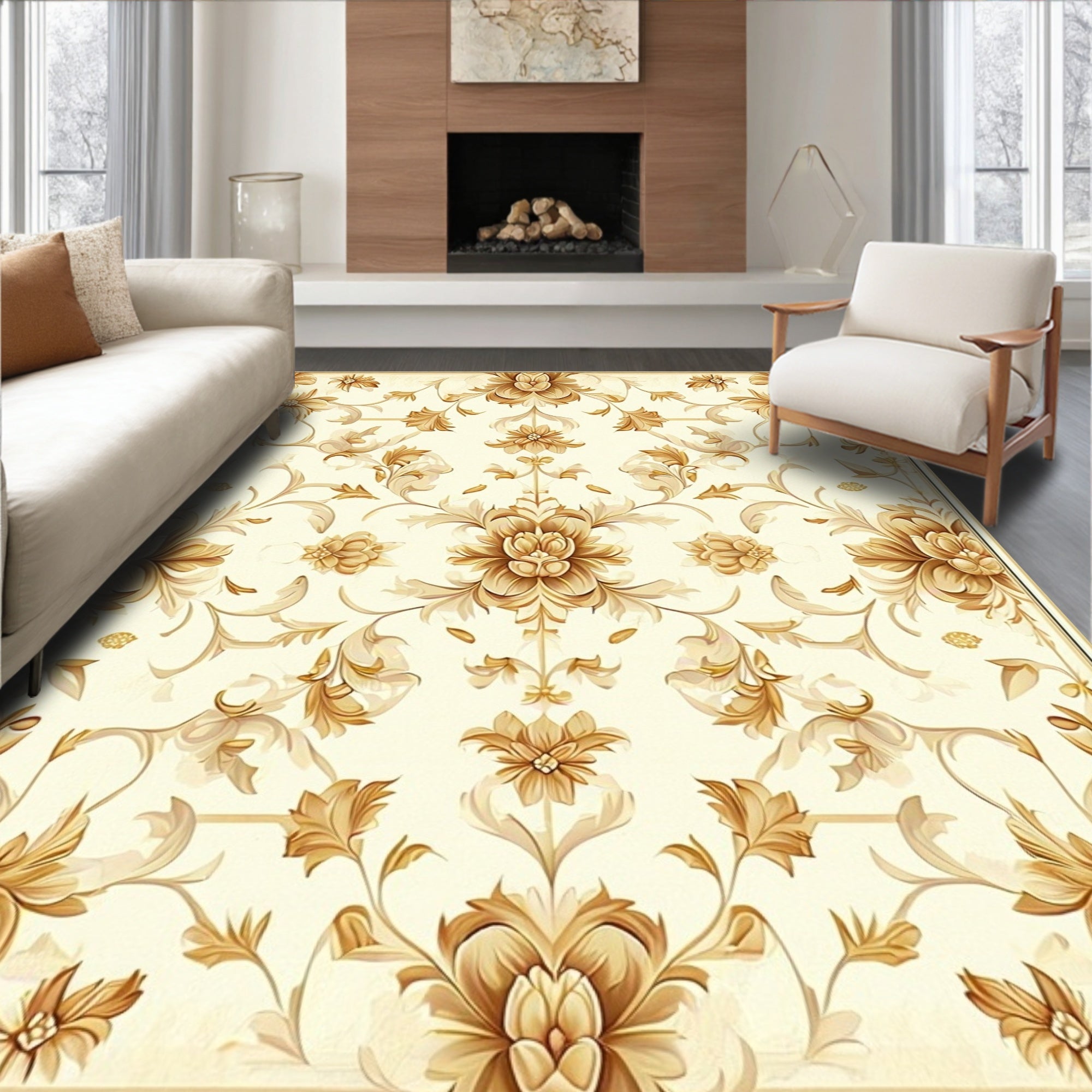Opulent Floral Scroll Work Design Rug