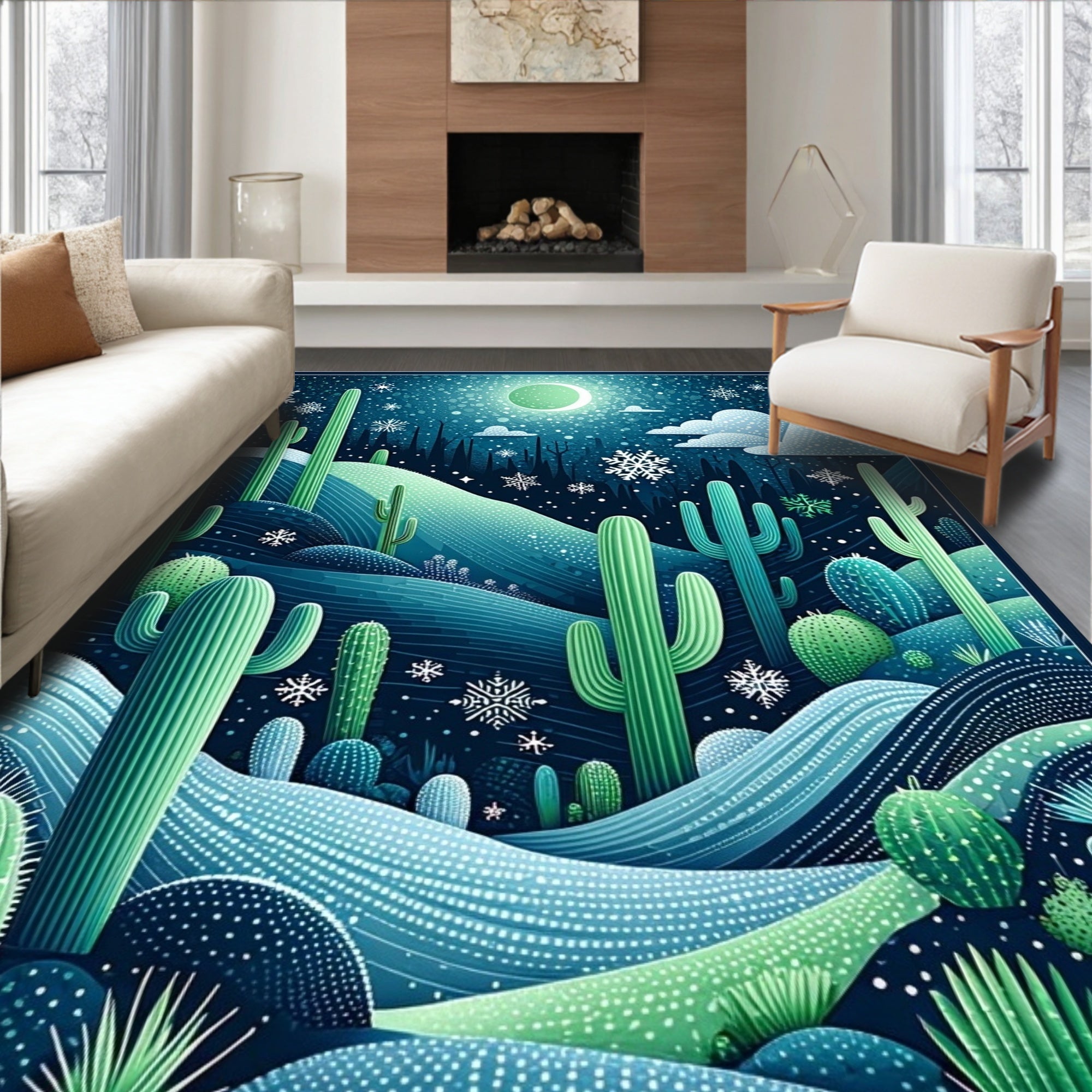 Winter Desert Cactus Snowflakes Design Rug