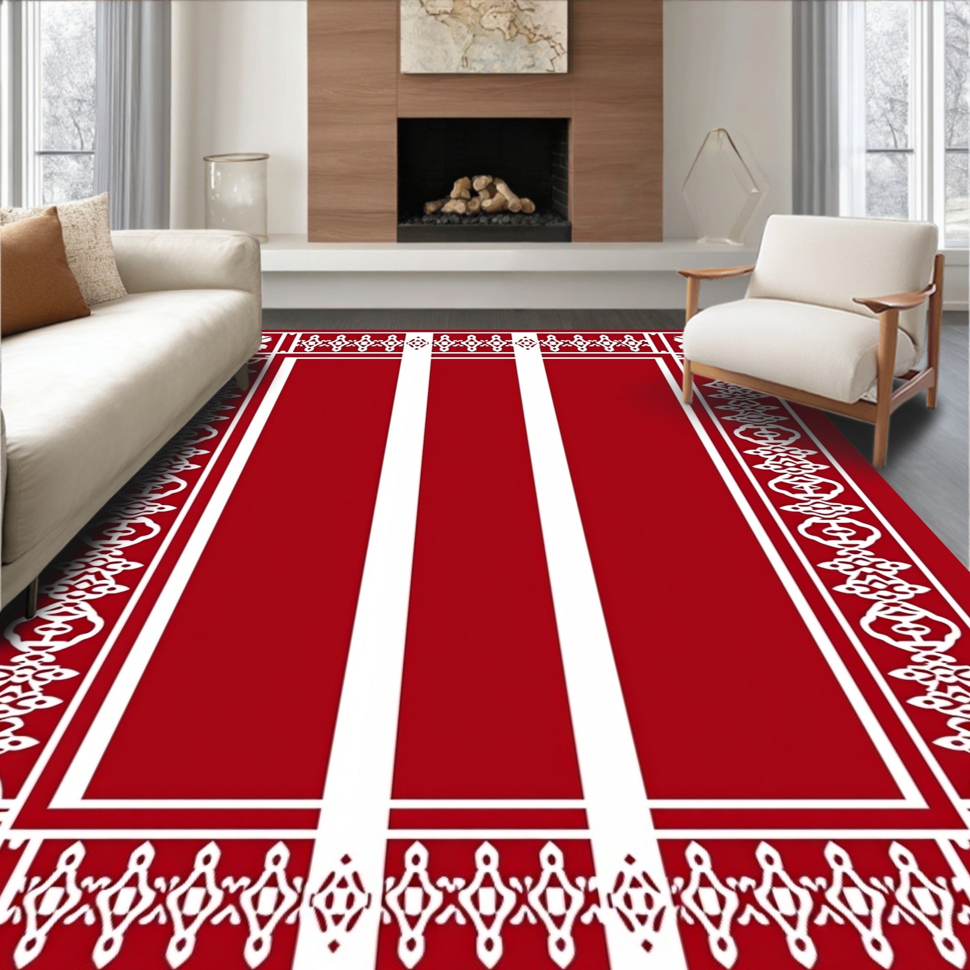 Rich Scarlet Geometric Border Stripe Rug