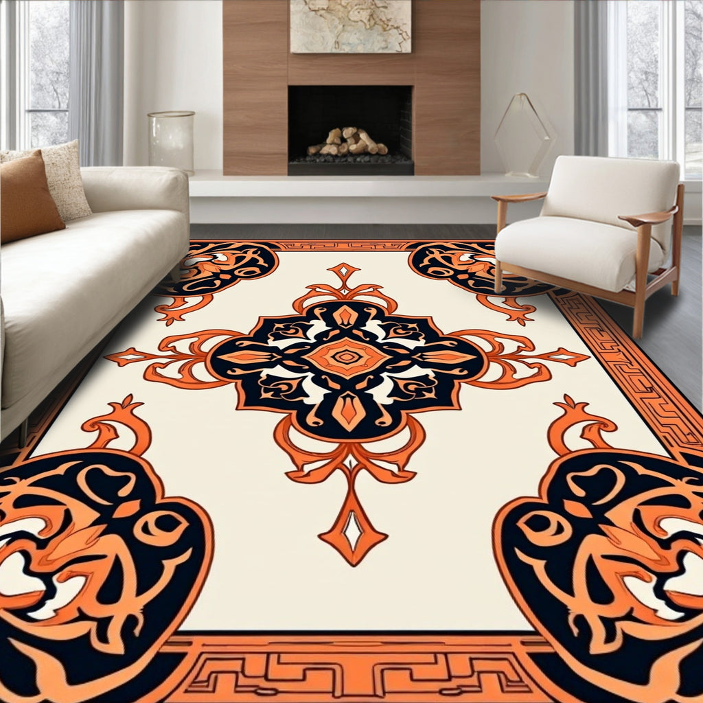 Intricate Orange Black Floral Medallion Rug