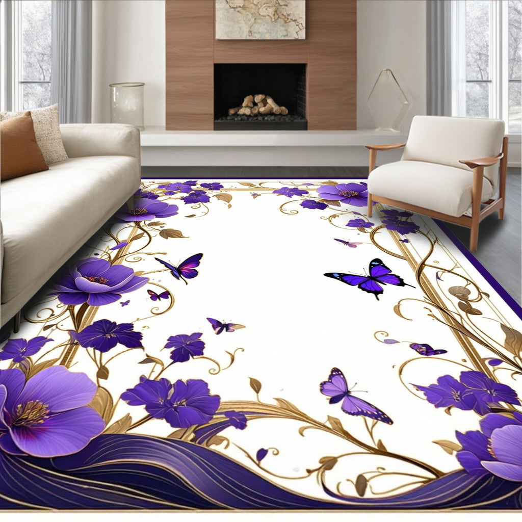 Purple Floral Butterfly Medallion Pattern Rug