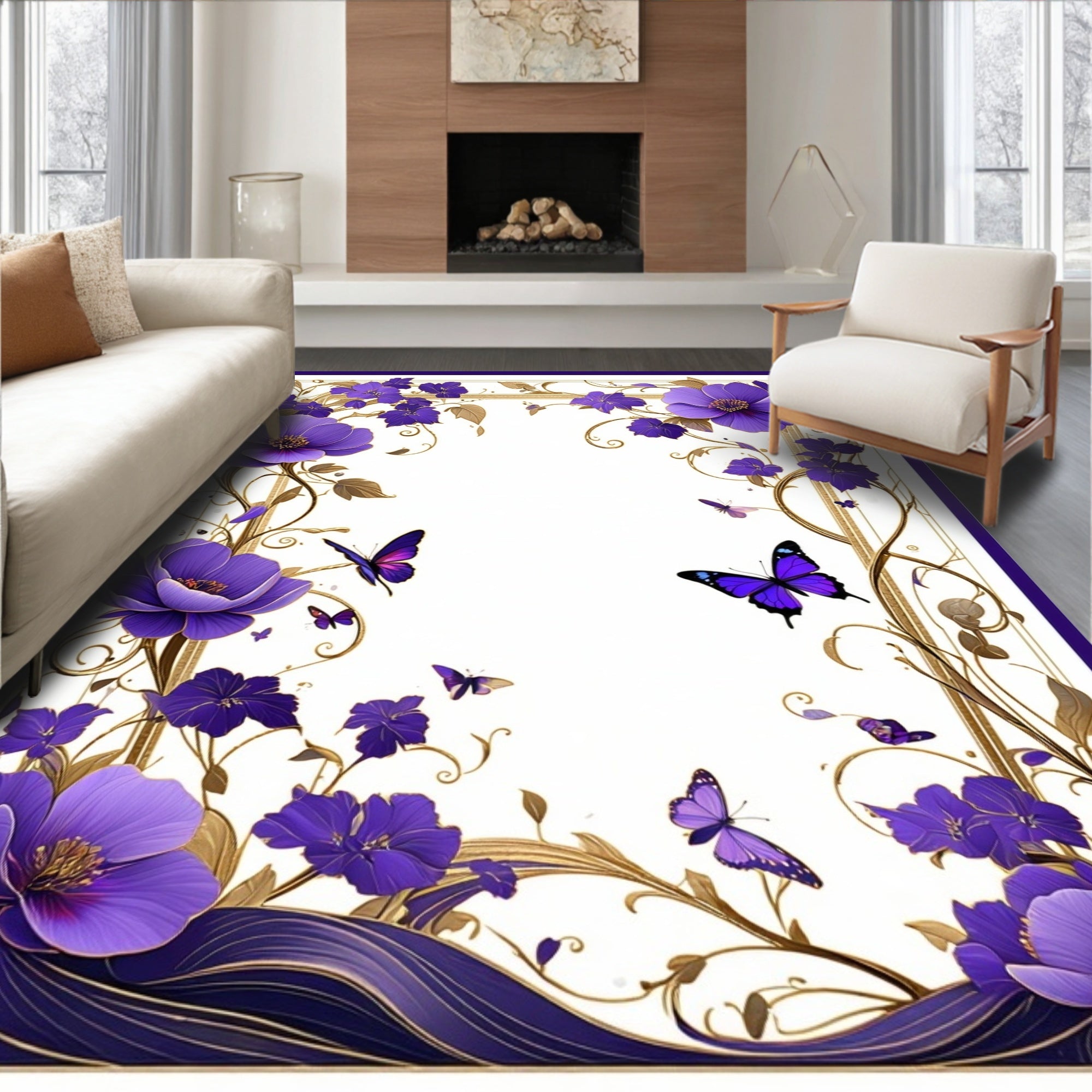 Purple Floral Butterfly Medallion Pattern Rug
