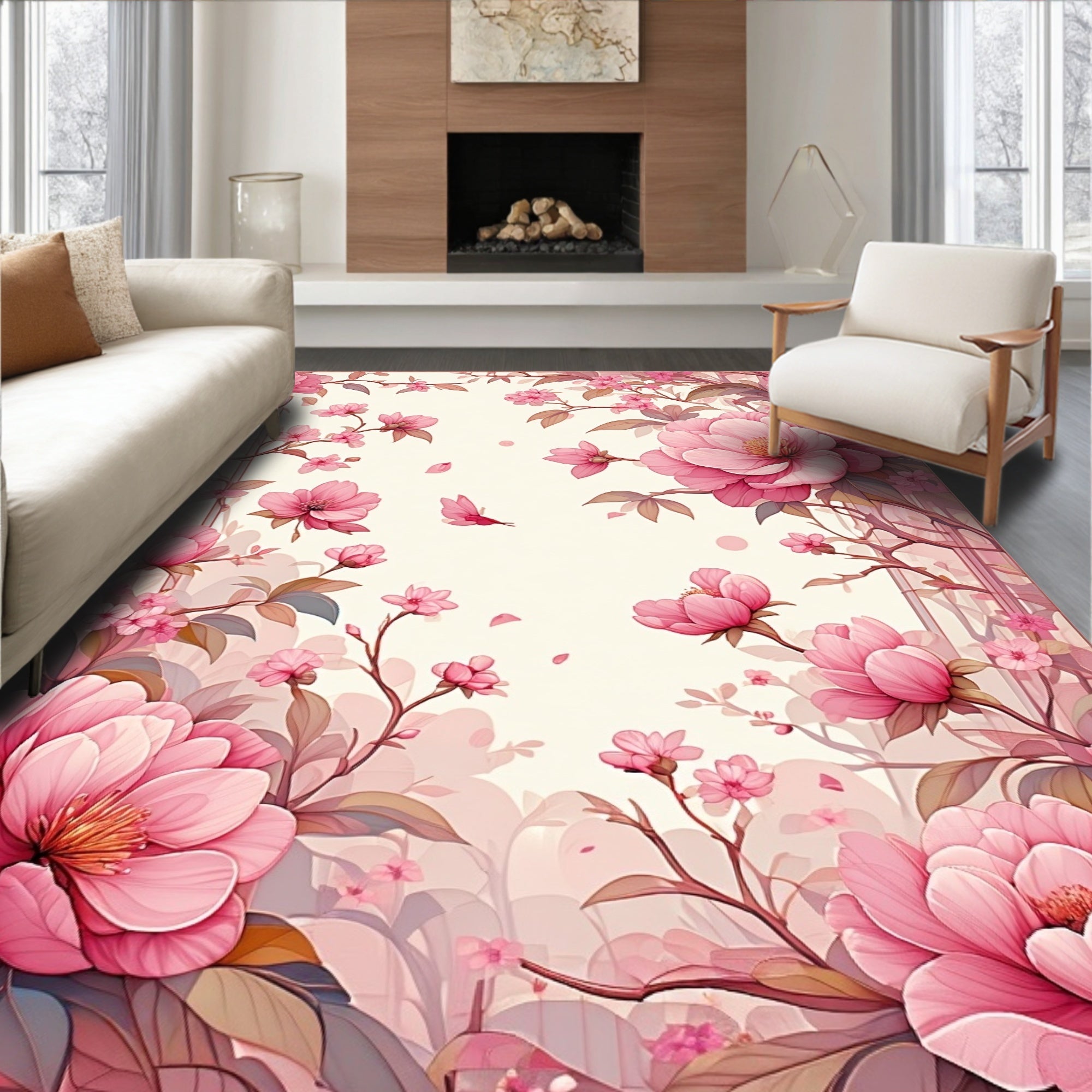 Soft Pink Floral Branches Design Rug