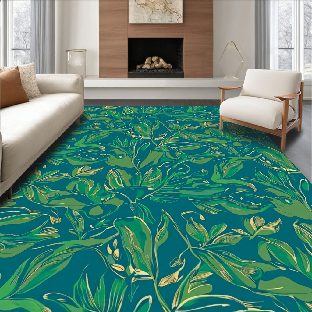 Lush Green Leafy Tropical Pattern Rug