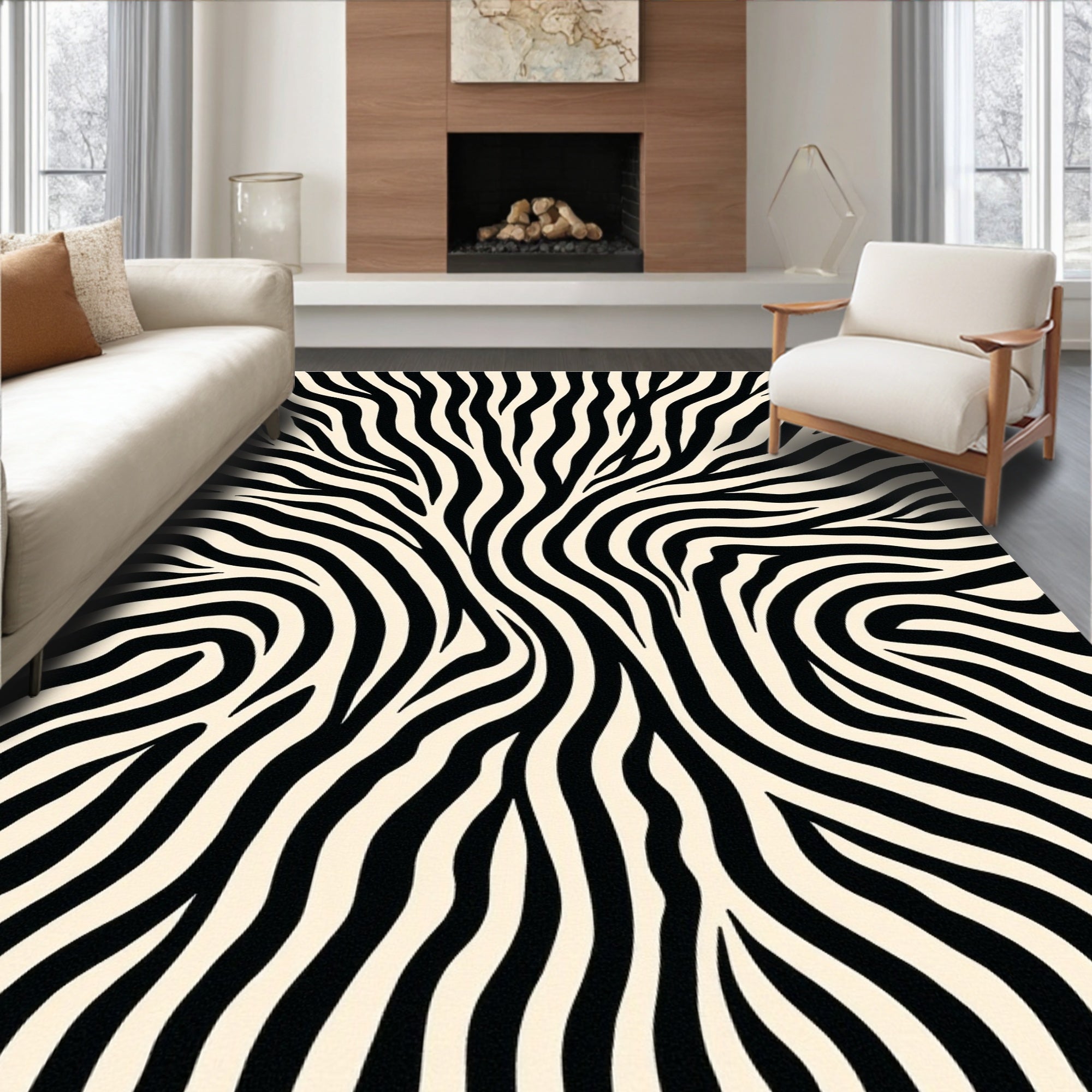 Abstract Black Cream Zebra Print Rug