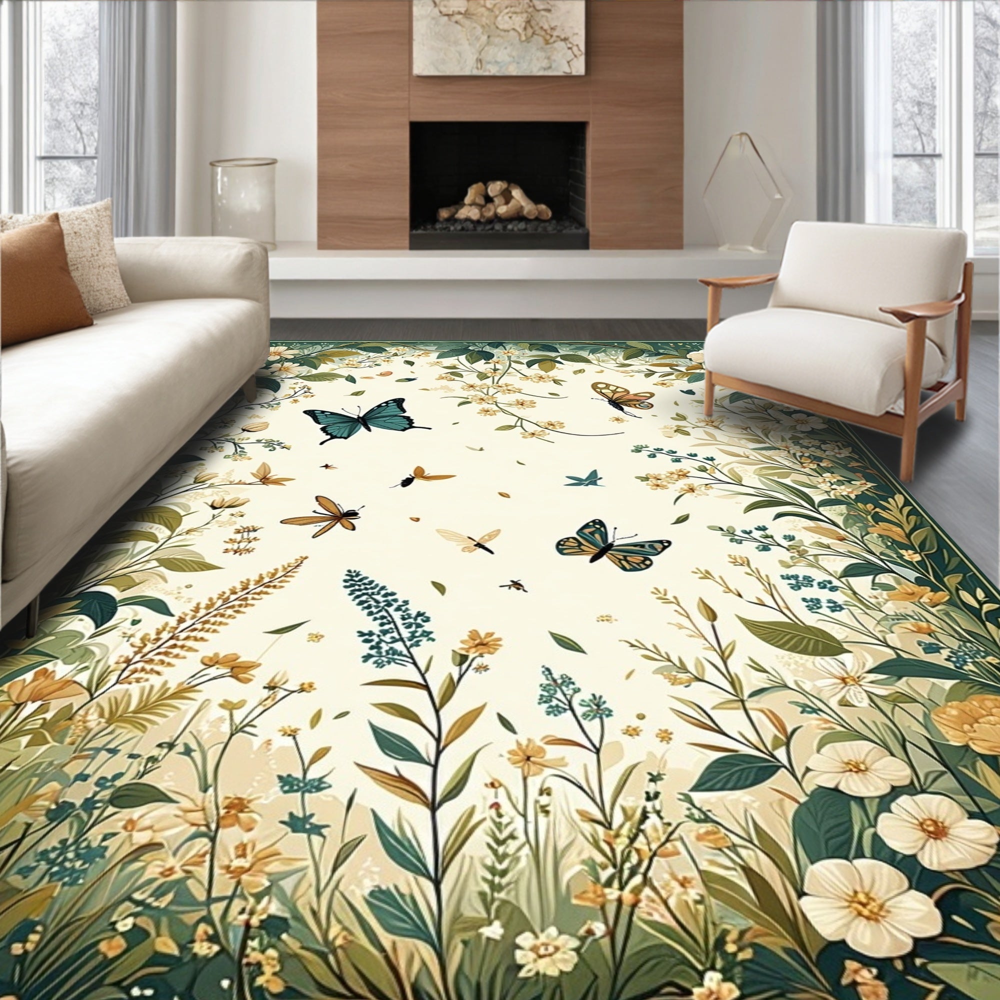 Whimsical Butterfly Floral Garden Rug