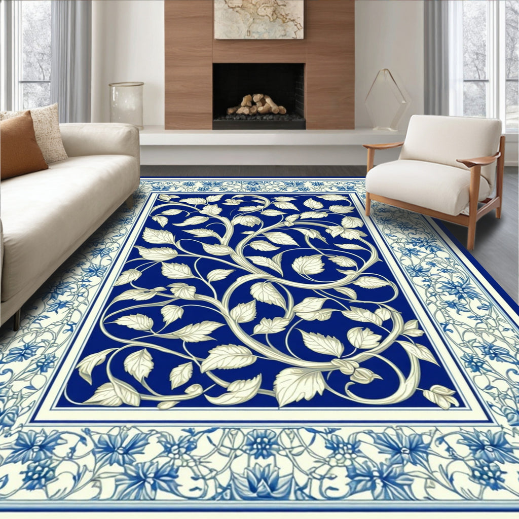 Ornate Blue White Floral Vine Medallion Rug