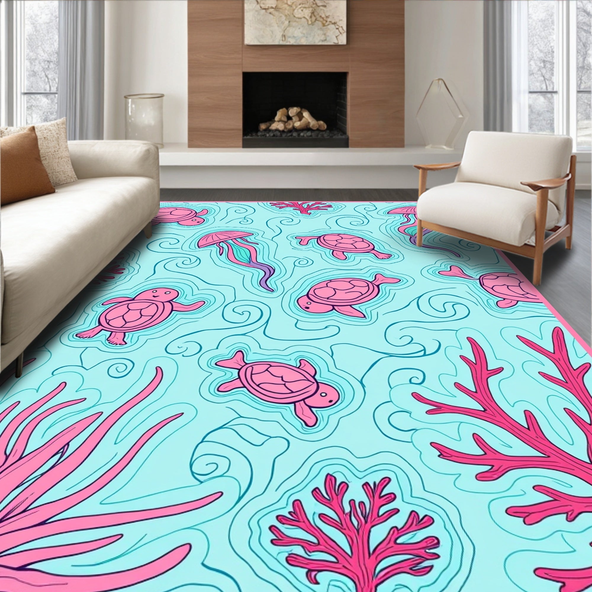 Pink Sea Turtle Jellyfish Pattern Rug