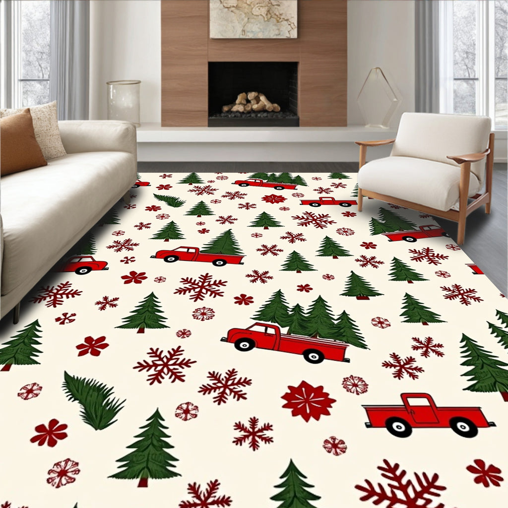 Red Trucks Evergreen Snowflakes Scattered Rug