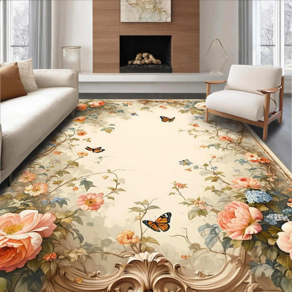 Charming Floral Butterfly Scrollwork Pattern Rug