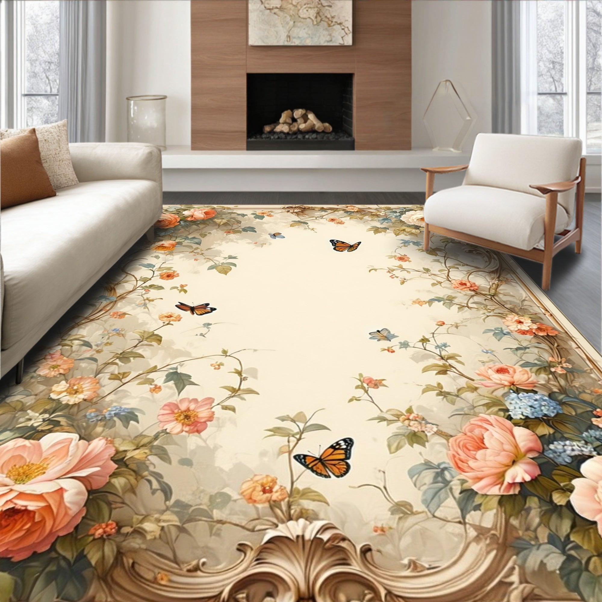 Charming Floral Butterfly Scrollwork Pattern Rug