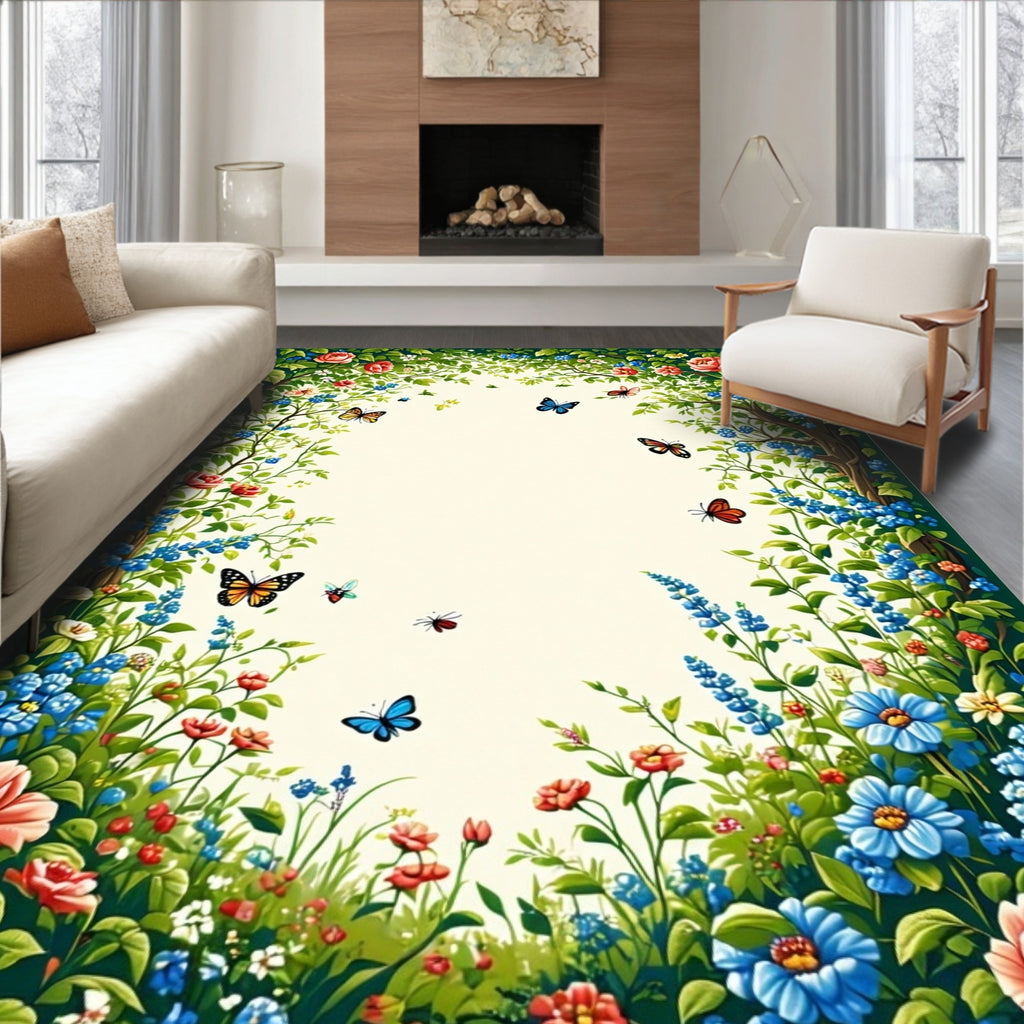 Floral Garden With Butterflies Whimsical Design Rug
