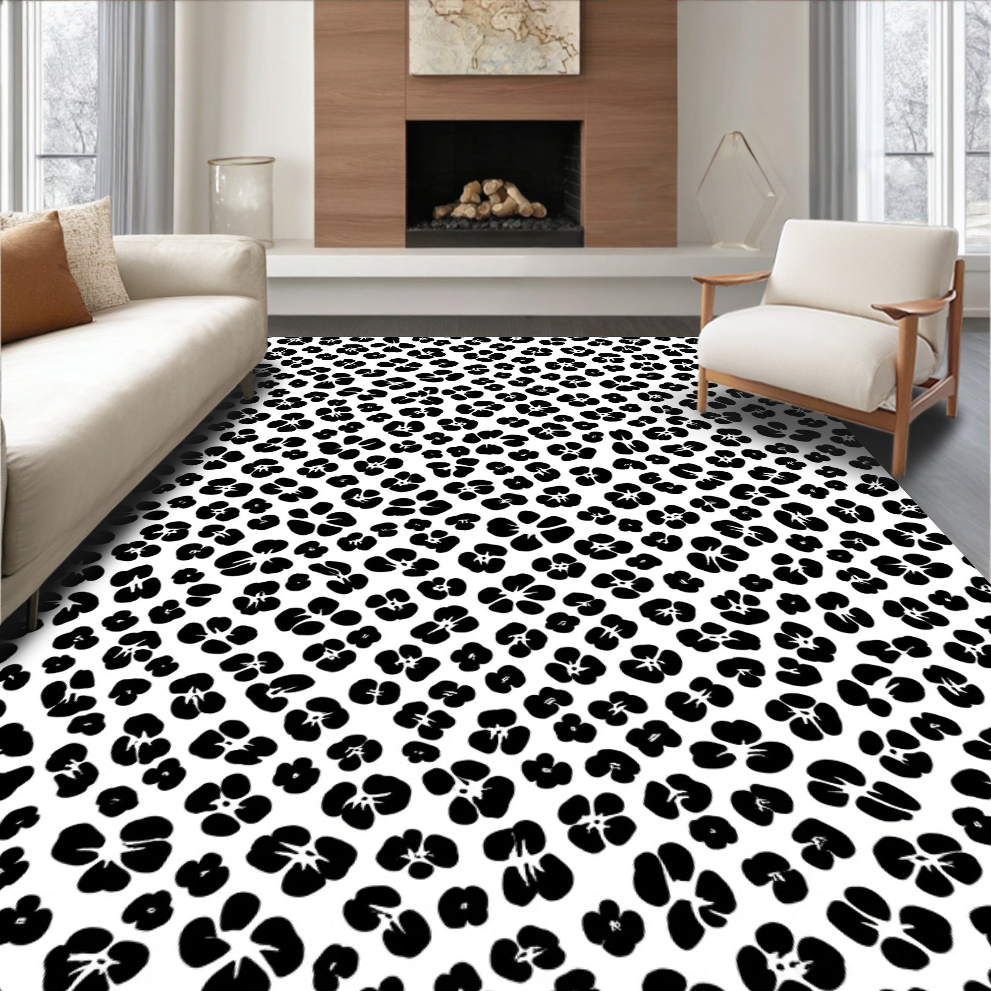 Abstract Black Floral Pattern Rug