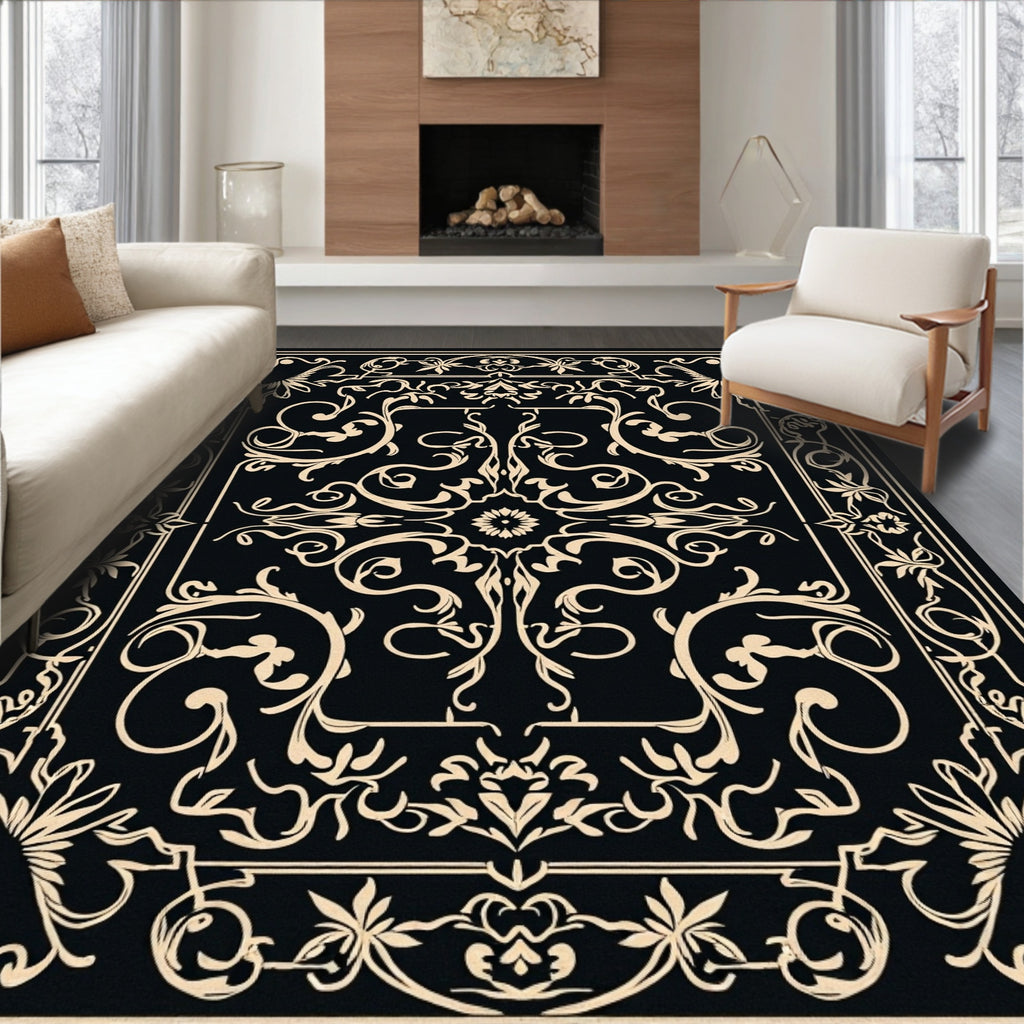 Ornate Black White Floral Scrollwork Rug
