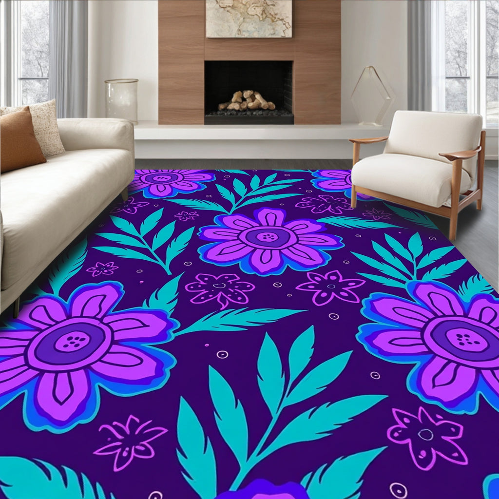 Purple Teal Floral Whimsical Pattern Rug