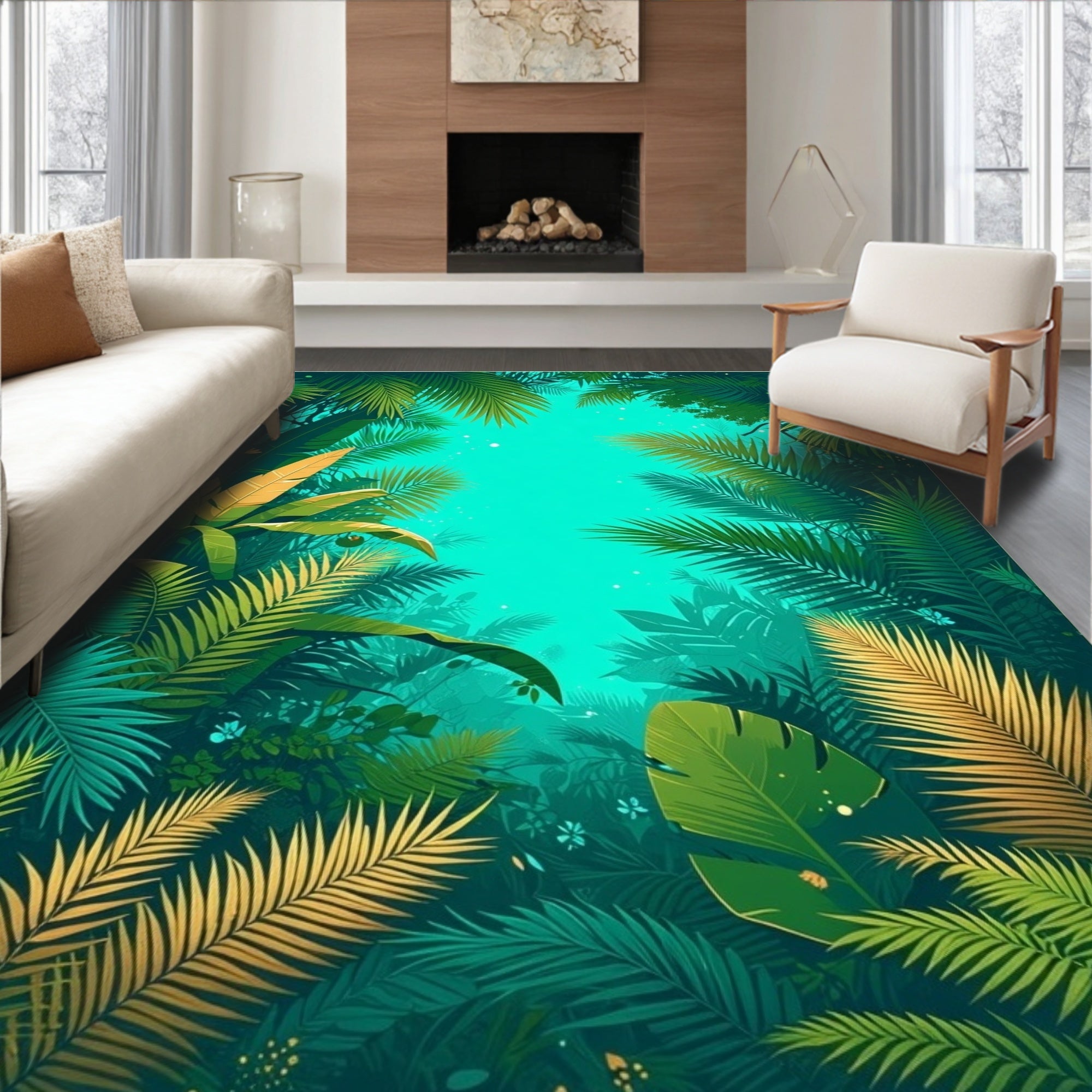Lush Jungle Tropical Leaf Pattern Rug