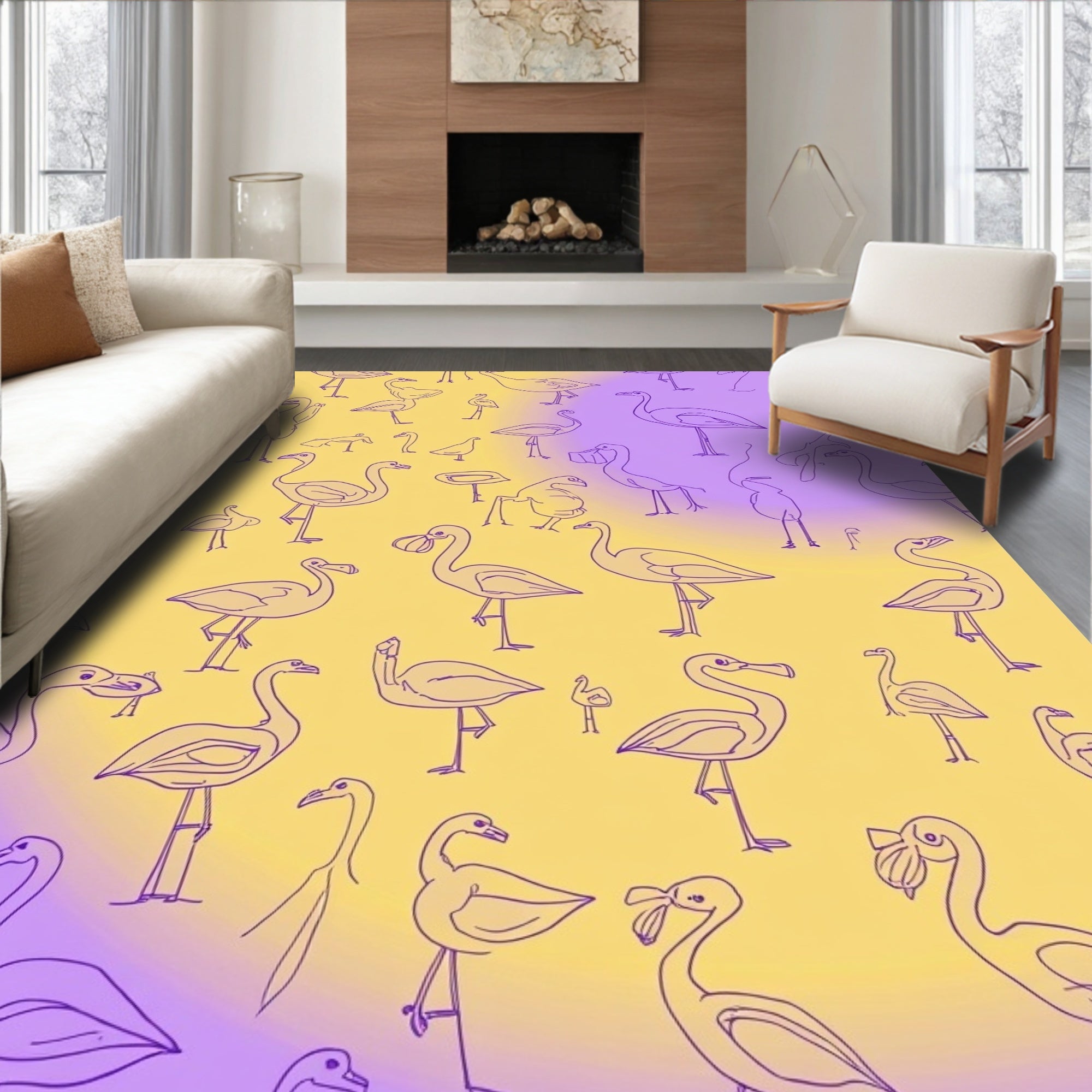 Whimsical Flamingo Sketch Pattern Rug