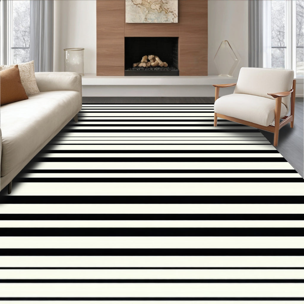 Bold Black White Striped Design Rug