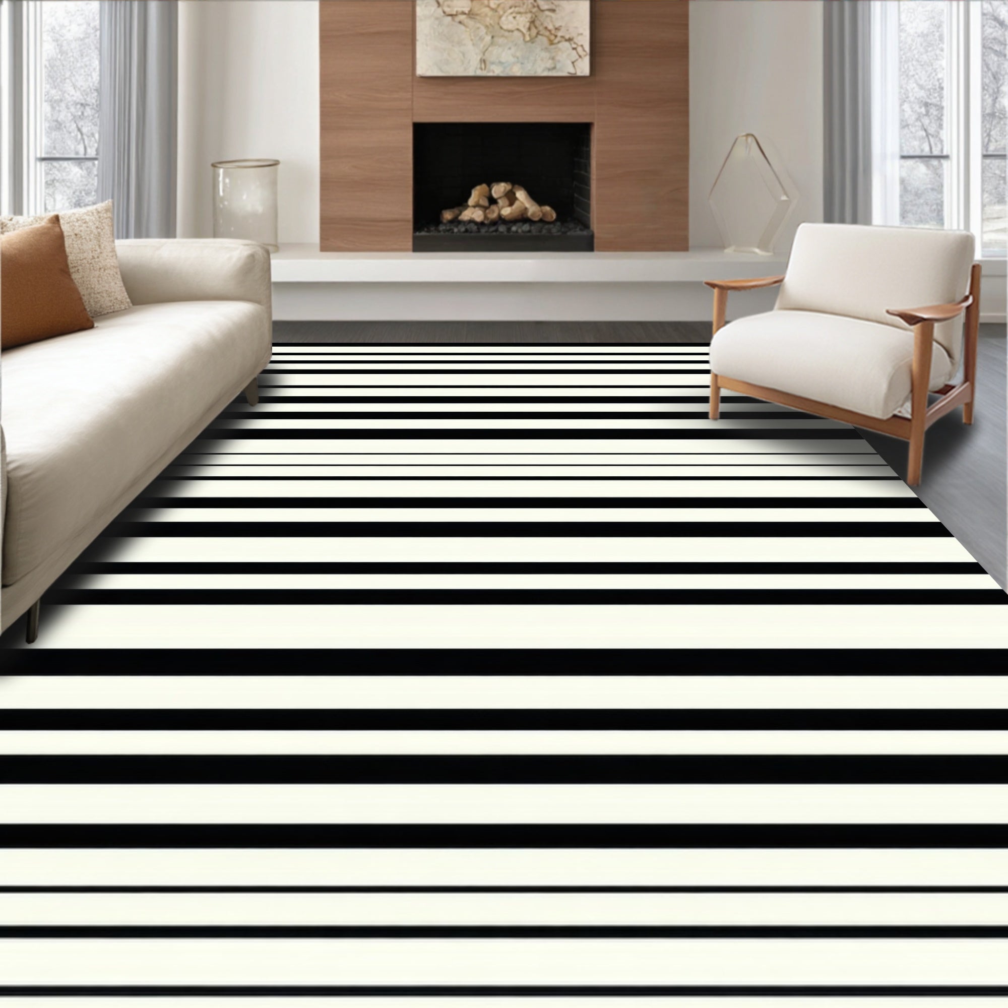 Bold Black White Striped Design Rug