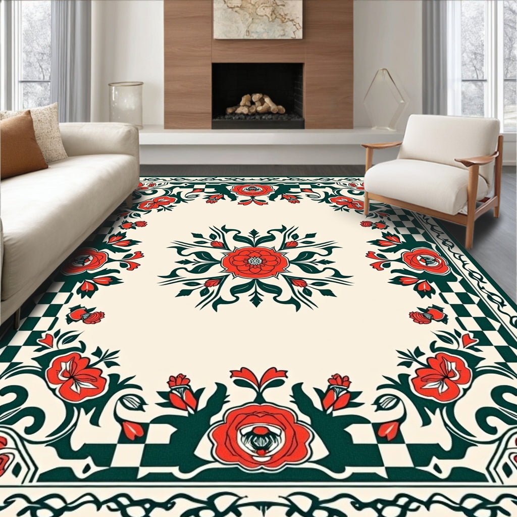 Cream Red Floral Checkerboard Border Rug