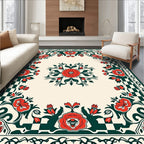 Cream Red Floral Checkerboard Border Rug