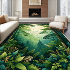 Lush Forest Scene with Birds and Sun Rug