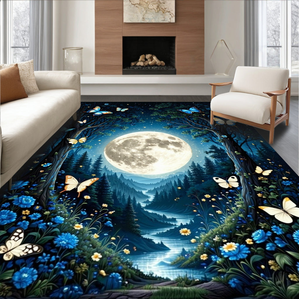 Enchanted Moonlit Forest Butterfly Garden Rug