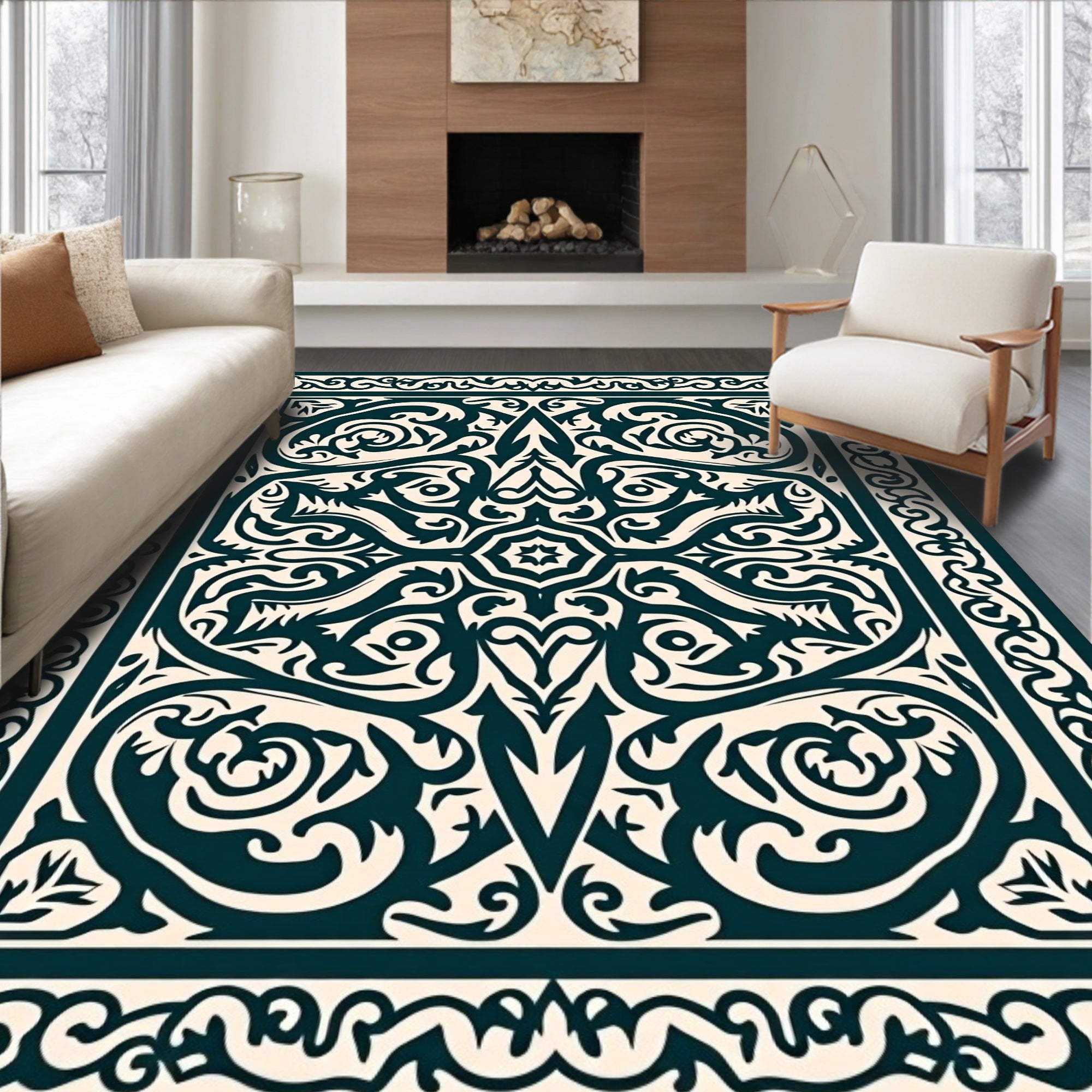 Intricate Dark Teal Floral Pattern Rug