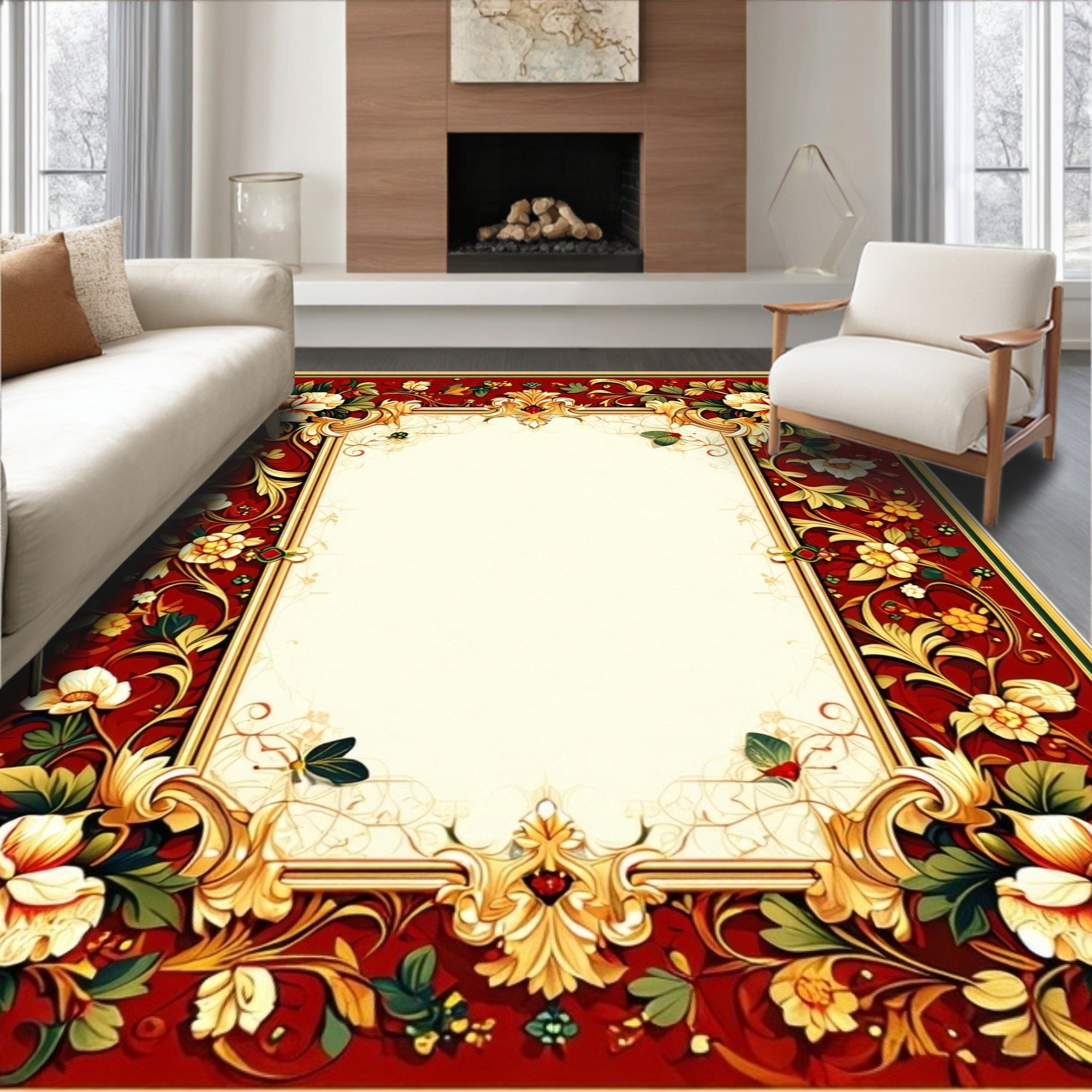 Ornate Red Gold Floral Pattern Rug